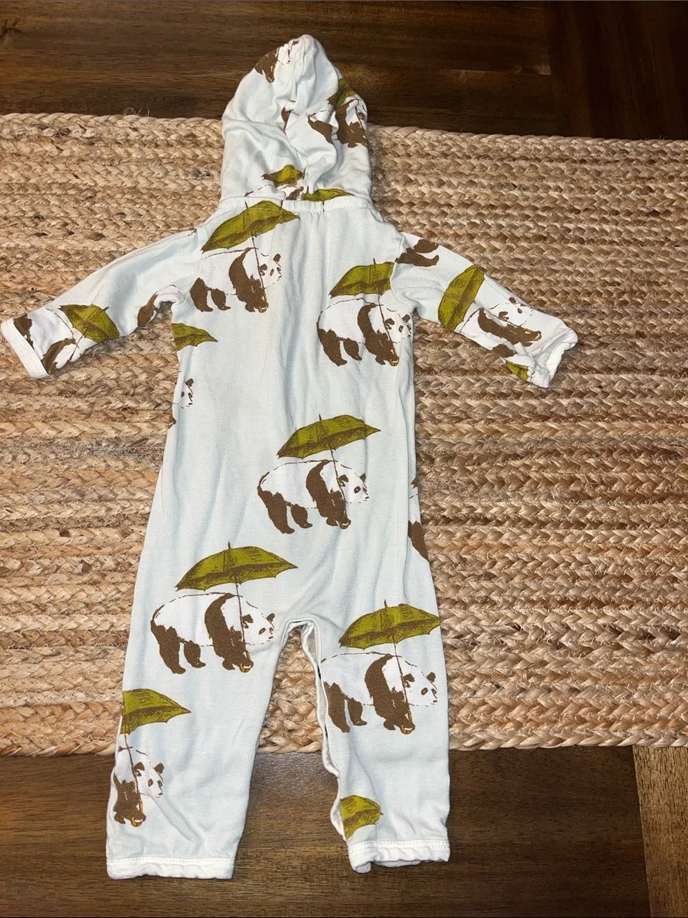 Milkbarn White Hooded One-Piece with Brown Bear & Green Umbrella Print